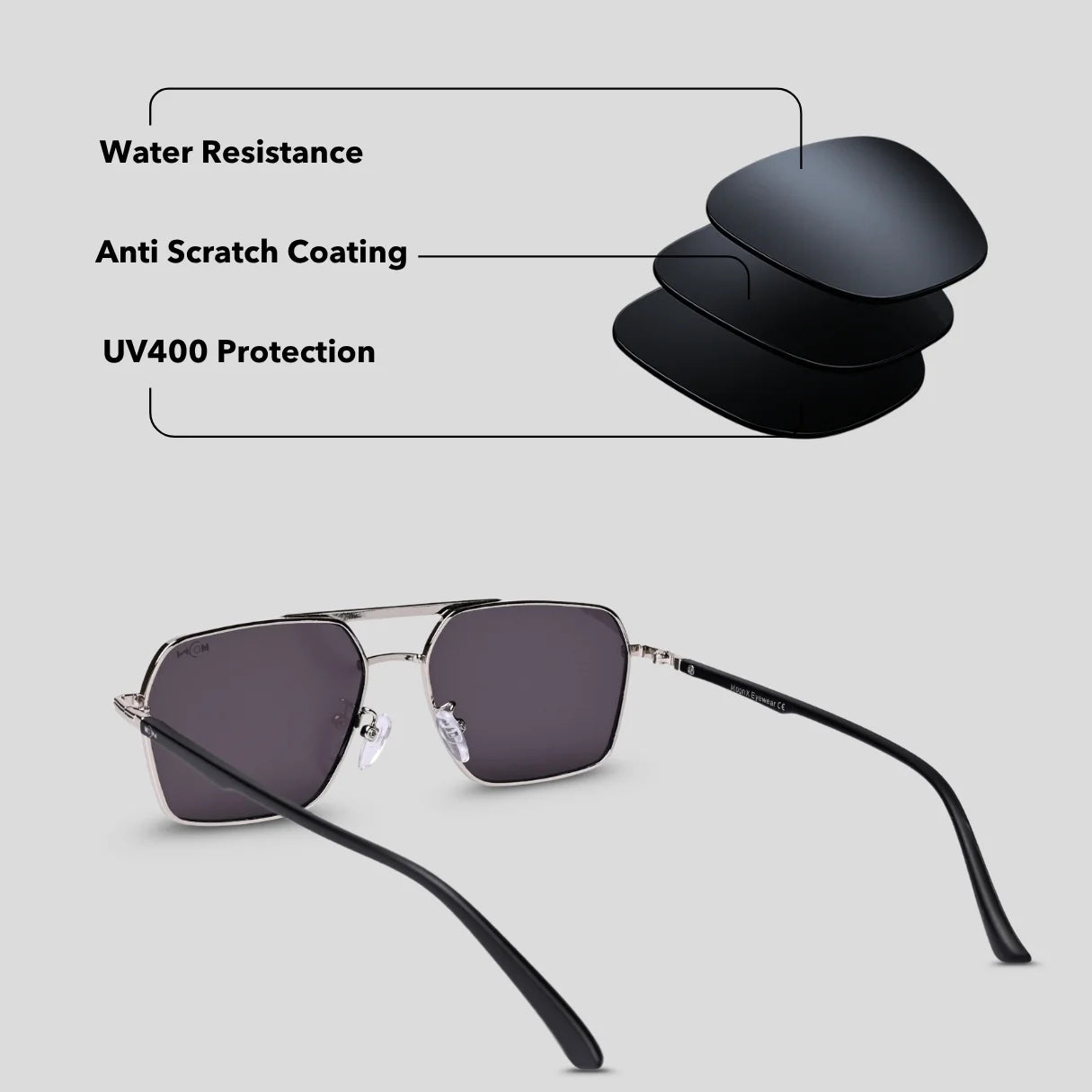 MOONX PHOBOS S1 – UV400 Rectangular Metal Sunglasses (Unisex)