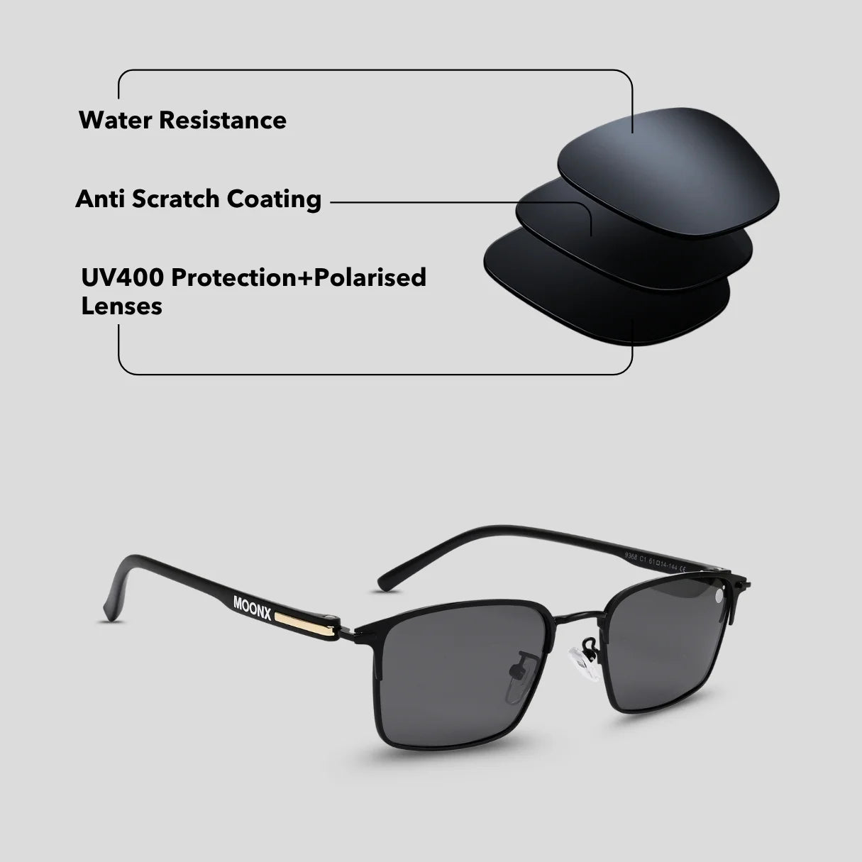 MOONX THEIA S1 – Polarised Rectangular Metal Frame Sunglasses (Unisex)