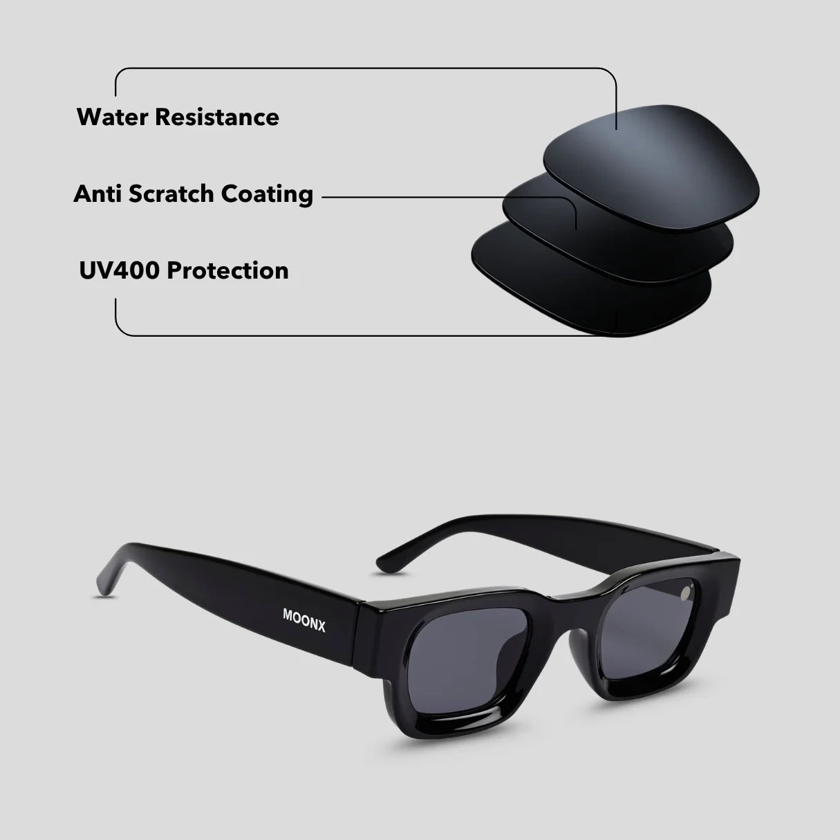 MOONX DARK STONE – UV400 Classic Bold Rectangular Sunglasses (Unisex)