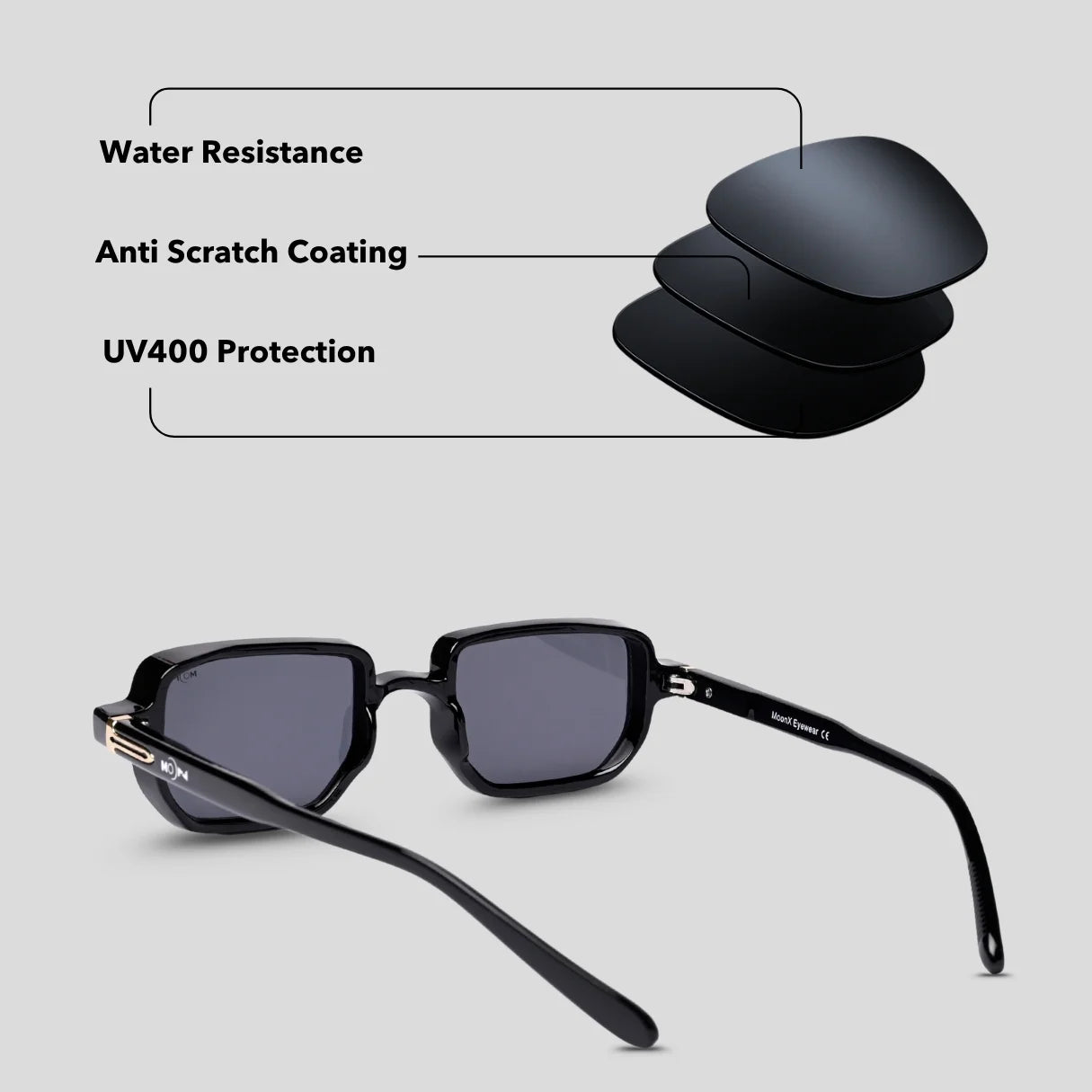 MOONX PHOENIX S1 – UV400 Transparent Rectangular Sunglasses (Unisex)