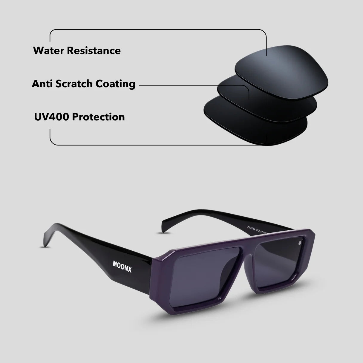 MOONX LUNA S3 - UV400 Premium & Bold Rectangular Frame Sunglasses